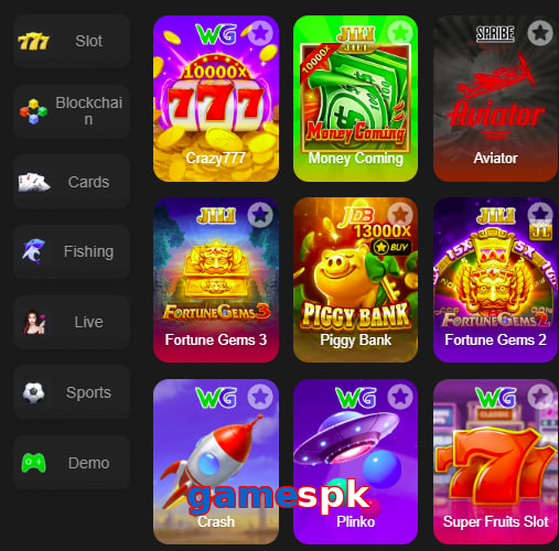 Main screen of Gamespk game page for PK players