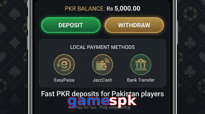 Deposit and withdrawal screen with PKR methods